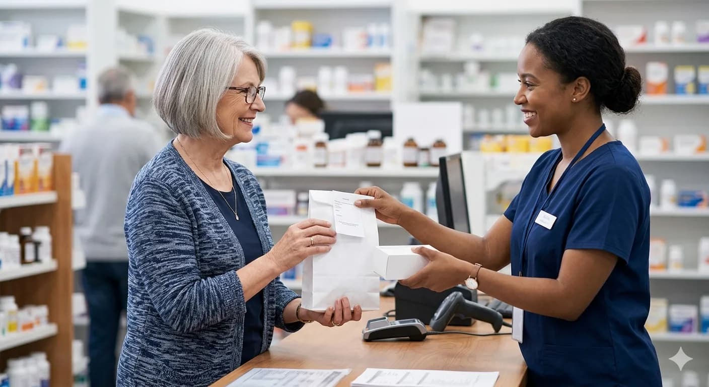 A pharmacist handing a prescription to a smiling older woman at the pharmacy counter